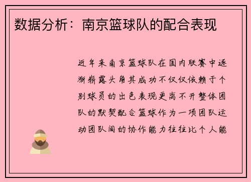 数据分析：南京篮球队的配合表现