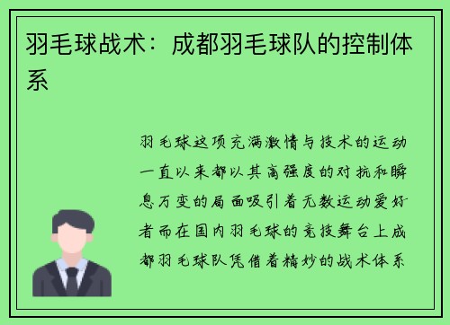 羽毛球战术：成都羽毛球队的控制体系