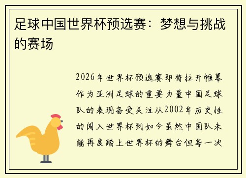 足球中国世界杯预选赛：梦想与挑战的赛场