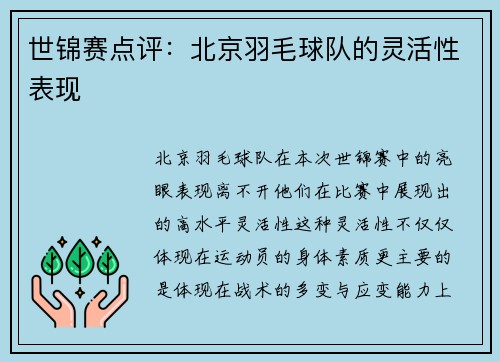 世锦赛点评：北京羽毛球队的灵活性表现