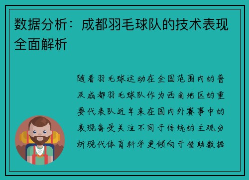 数据分析：成都羽毛球队的技术表现全面解析