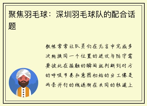 聚焦羽毛球：深圳羽毛球队的配合话题